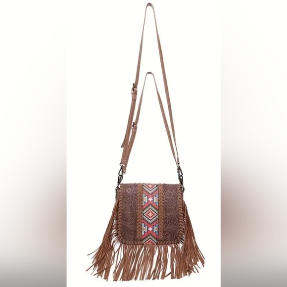 NEW Coastal Cowgirl Western BohoBrown Embroidered Fringe Patchwork Crossbody Bag - Picture 4 of 6